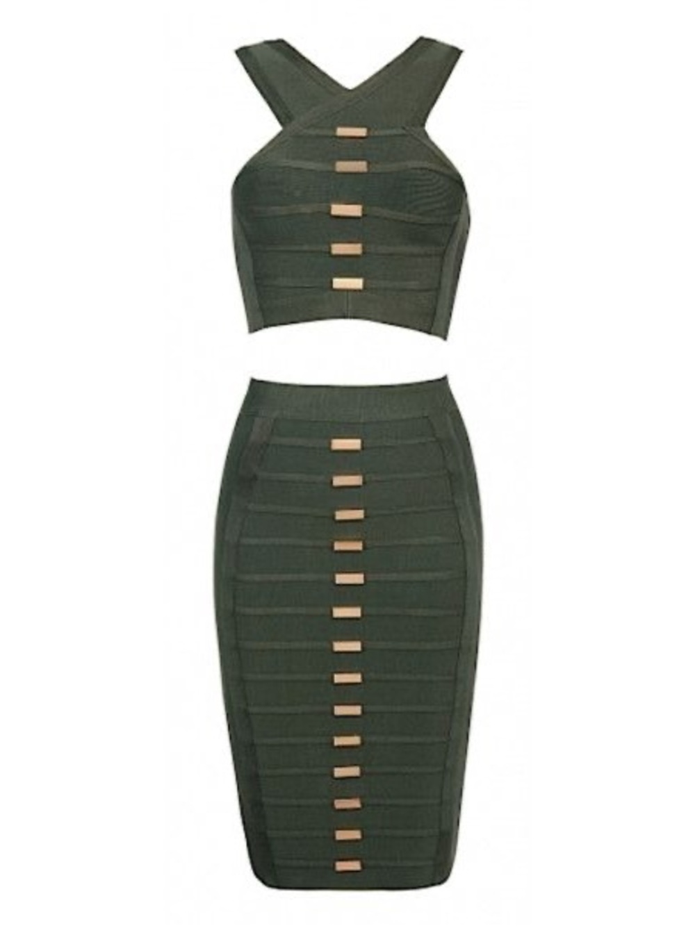 Worn once Olive 2pc Bodycon Skirt Set with gold metal details